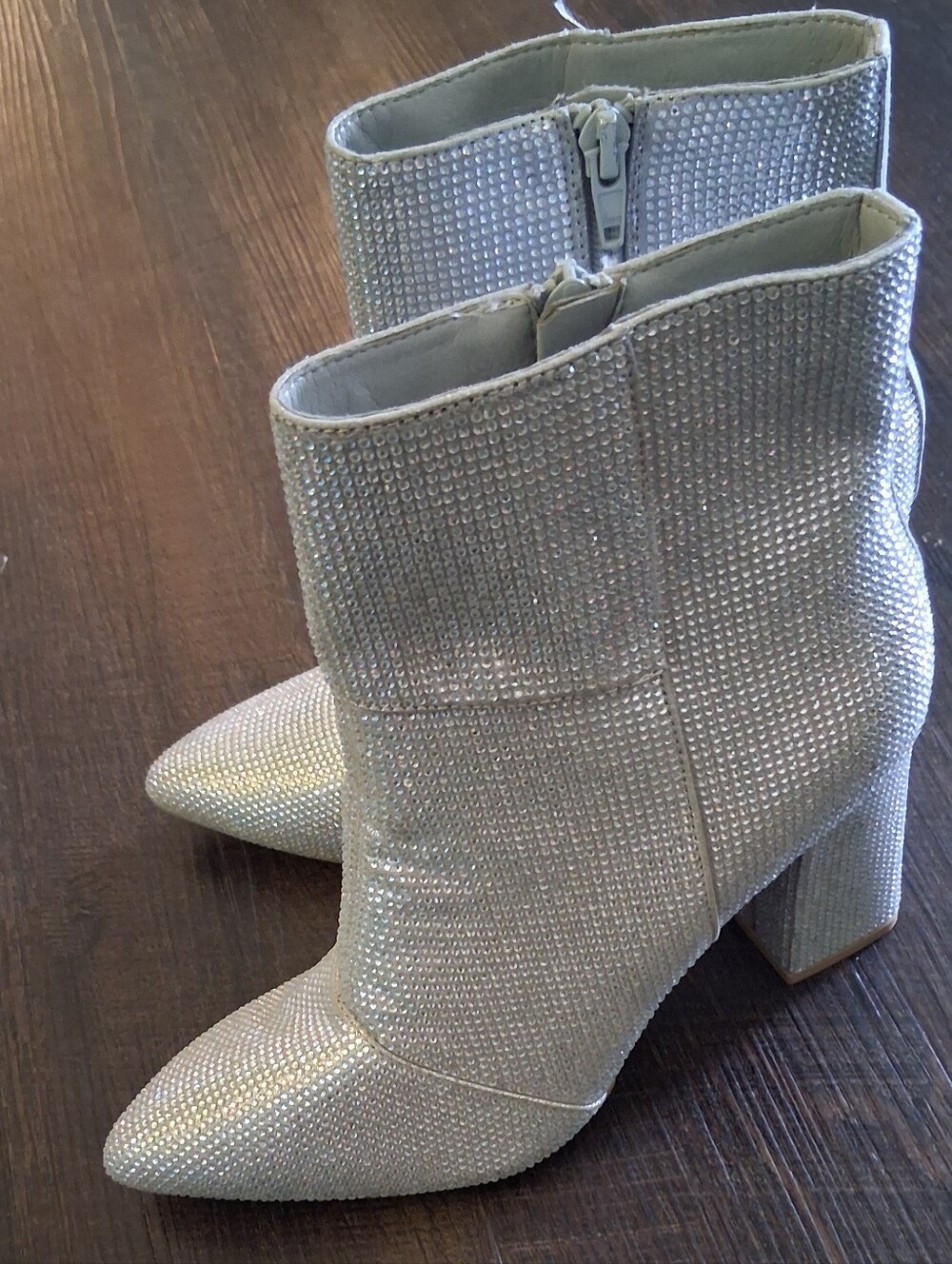 Silver Rhinestone Pointed-Toe Ankle Booties with Block Heel